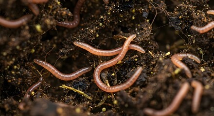 Fototapeta premium A close-up of worms wriggling in compost, showcasing rich organic material and soil particles, highlighting decomposition and soil health.
