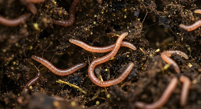 A close-up of worms wriggling in compost, showcasing rich organic material and soil particles, highlighting decomposition and soil health.