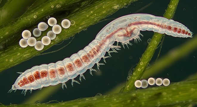 A detailed illustration of the nematode lifecycle, showing eggs, larvae, and adult worms in various stages within the soil environment.