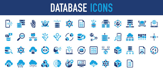 Set of Database icon. View, Layers, Global, Network, International, Vision, Phone, Chart, Laboratory, Information, Speedometer, Link, Connection, Cloud, Drawing, Location, Html illustration.