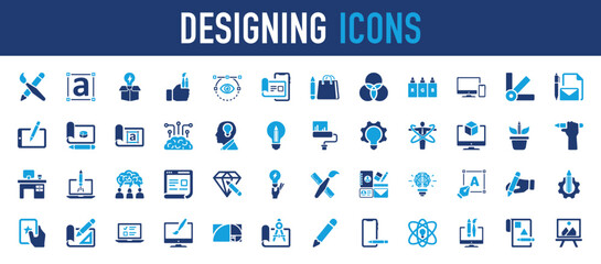 Set of Designing icon. Writing, Edit, Web, Poster, Data, Art , Draw, Insporation, Favorite, Profile, Monitor, Technology, Paint, Text Form, Box, Tool, Eye, Mobile, Stationary, Drawing illustration. 