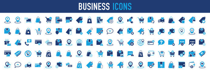 Set of Business icon. Market, Shipping, Navigation, Pin, Camera, Location, Key, Box, Reject, Ecommerce, Money, Cash, Wallet, Bank, Gps, Letter, Bag, Shopping, Trolley, Payment, Purchase illustration. 