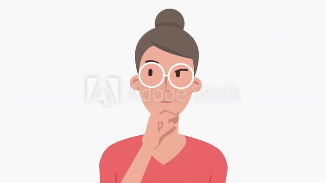 Vector illustration of a pensive woman with glasses thinking deeply, her hand on her chin in a thoughtful pose against a white background