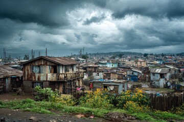 Obraz premium A dense, impoverished settlement of corrugated iron and wooden homes under a dark, cloudy sky, depicting challenging urban living conditions.