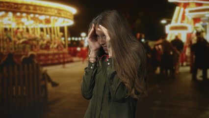 Young hispanic woman covering face with hands at crowded street fair by lit carousel and fence at...