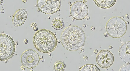 Close-up of tiny diatoms with intricate silica cell walls, showcasing detailed patterns and textures in a vibrant aquatic environment.