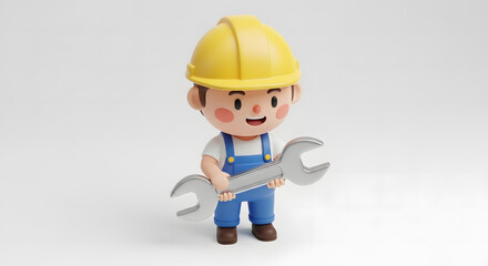 smiling cartoon worker in hard hat holding wrench