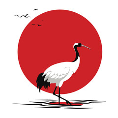 Japanese crane illustration with a red sun a minimalist vector design perfect for Asian-themed projects and cultural presentations