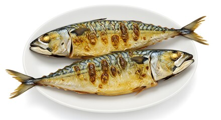 Grilled Fish Served on Plate Isolated on White Background