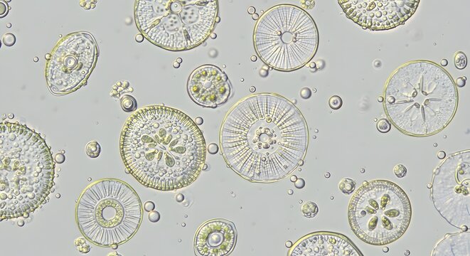 Close-up of tiny diatoms with intricate silica cell walls, showcasing detailed patterns and textures in a vibrant aquatic environment.