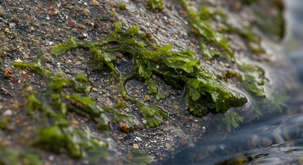A close-up of a vibrant green algal biofilm covering a surface, showcasing dense, textured algae with intricate patterns and tiny filamentous structures.