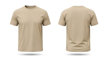 Front and back view of a beige t-shirt isolated on white background.
