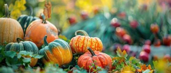 warm seasonal colors, fresh mixed pumpkins and green foliage. Colorful Thanksgiving season mix color.