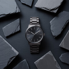 A product photography shot of a minimalist wristwatch centered on a dark slate background with scattered angular stone fragments.