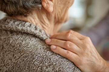 A caring hand gently rests on an elderly person's shoulder, conveying comfort, support, and empathy in a tender, intimate moment of human connection.