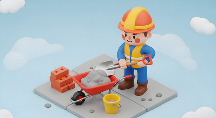 cartoon construction worker building with shovel bricks