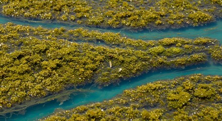 A vibrant algae bloom covers the water surface, displaying bright green and yellow hues, with some floating debris and reflections of the sky above.