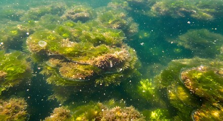 A vibrant algae bloom covers the water surface, with green and yellow hues, creating a dense, textured layer in a natural aquatic environment.