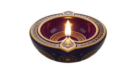 A beautifully decorated diya, a traditional Indian oil lamp, glows with a bright flame, symbolizing light and celebration.