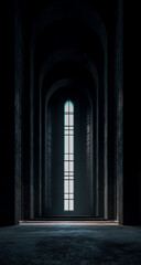 Fototapeta premium Mysterious dark corridor with a tall arched window casting bright light