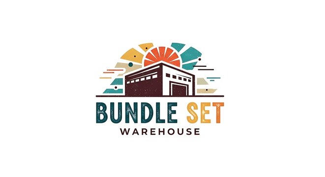 Vibrant Bundle Set Warehouse Logo Design with Stylized Building and Abstract Colorful Background.