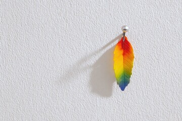 Colorful leaf hanging on wall creates striking shadow, showcasin