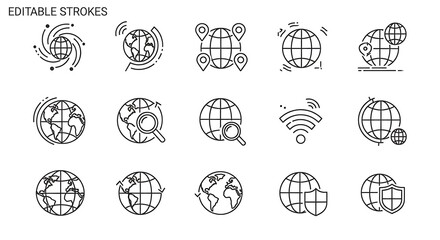 Global Network Icons - Editable Stroke Vector Set for Modern Designs.