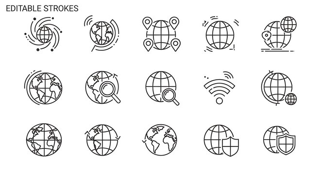 Global Network Icons - Editable Stroke Vector Set for Modern Designs.