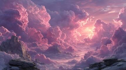 Gorgeous sky filled with pink clouds in a fantasy pastel enchanted realm glowing brightly