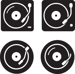 Vinyl record player icons, four distinct music symbols, flat minimal style, editable isolated, clean bold shapes, modern black white vector, professional music design