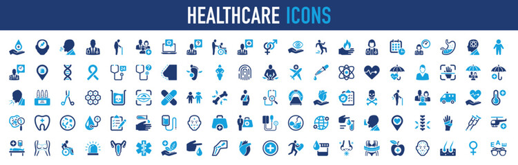 Set of Healthcare vector icon. Format, Scanner, Toilet, Medical, Healthcare, Baby, Cracked Bone, Home, Pregnant, Insurance, Ribbon, Medical, Wheel Chair, Anatomy, Dark, Emergency illustration. 