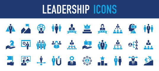 Set of Leadership vector icon. Group Leader, Mountain, World, Business, Award, Winner, Trainer, People, Leader, Connection, Management, Target, World, Arrows, Magnet illustration. 