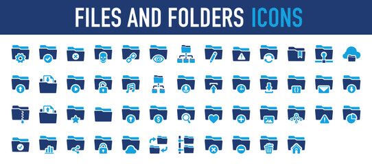 Set of Files And Folders vector icon. Source Folder, Directory, Upload, Notification, Music, Document, Archives, Secure, Save, Delete, Remove, Organization, Video illustration. 
