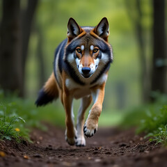 The wolf flees into the forest. Wolf runs through the summer field.created with the help of artificial intelligence.