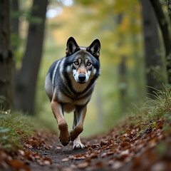 The wolf flees into the forest. Wolf runs through the summer field.created with the help of artificial intelligence.