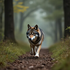 The wolf flees into the forest. Wolf runs through the summer field.created with the help of artificial intelligence.