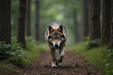 The wolf flees into the forest. Wolf runs through the summer field.created with the help of artificial intelligence.