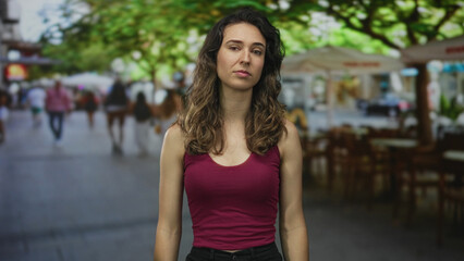 Fototapeta premium Young hispanic woman wearing burgundy tank top hand on chin at sunlit restaurant terrace; inner doubt.