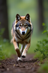 The wolf flees into the forest. Wolf runs through the summer field.created with the help of artificial intelligence.