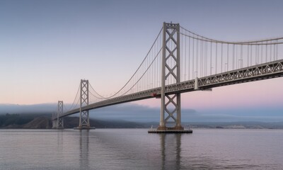 Obraz premium Majestic suspension bridge spanning calm water at dawn