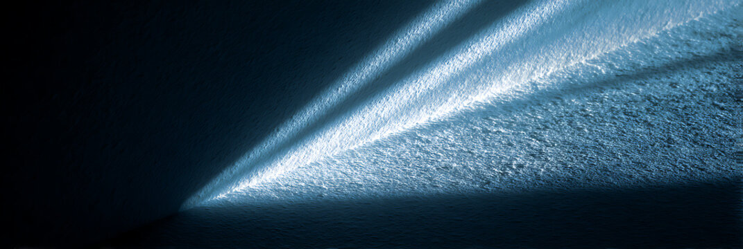 Abstract dark background featuring dynamic converging beams of textured white and pale blue light creating a dramatic vanishing point. - Powered by Adobe