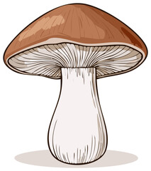 Brown Mushroom Illustration, Edible Fungi with Cap and Stalk, Forest Plant, Woodland Nature, Vegetarian Food, and Mycology Art