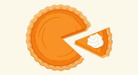 Pumpkin pie with whipped cream top view. Vector illustration in flat style on white background.