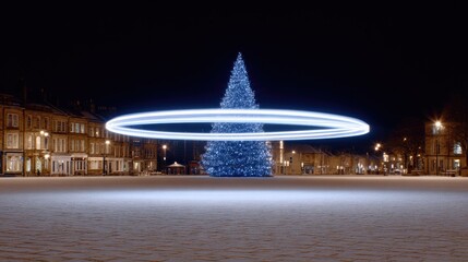 Glowing Christmas tree surrounded by illuminated circle in winte