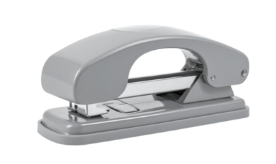 Modern Ergonomic Gray Hole Punch with Curved Handle, Angled Perspective, Transparent Background, PNG