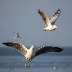 Obraz premium Seagulls in Flight Over Water.
