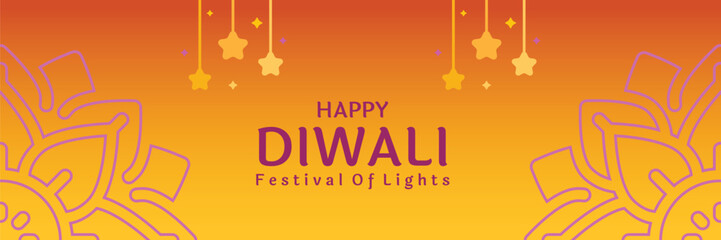 Celebrate Happy Diwali Festival with a beautiful background, warm orange colors, hanging stars, and festive design elements perfect for greeting cards and social media posts
