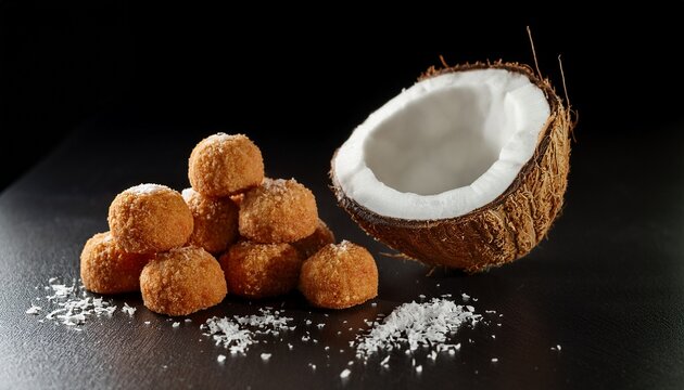 Open Coconut And Coconut Sweets Cocadas Placed On A Dark Surface Black Background Selective Focus