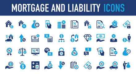 Set of Mortgage and liability vector icon. Banking, Percentage, Credit, Application, Business, Market, Rate, Vehicle, Home, Lock, Security, Calculator, Money, Percent, Bank, Time illustration. 