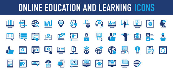 Set of Online education and learning vector icon. Pen, Book, Education, Web, Online, Paper, School, File, Bulb, Music, Business, Write, Alphabet, Video, Graduation, Reading, Global illustration. 